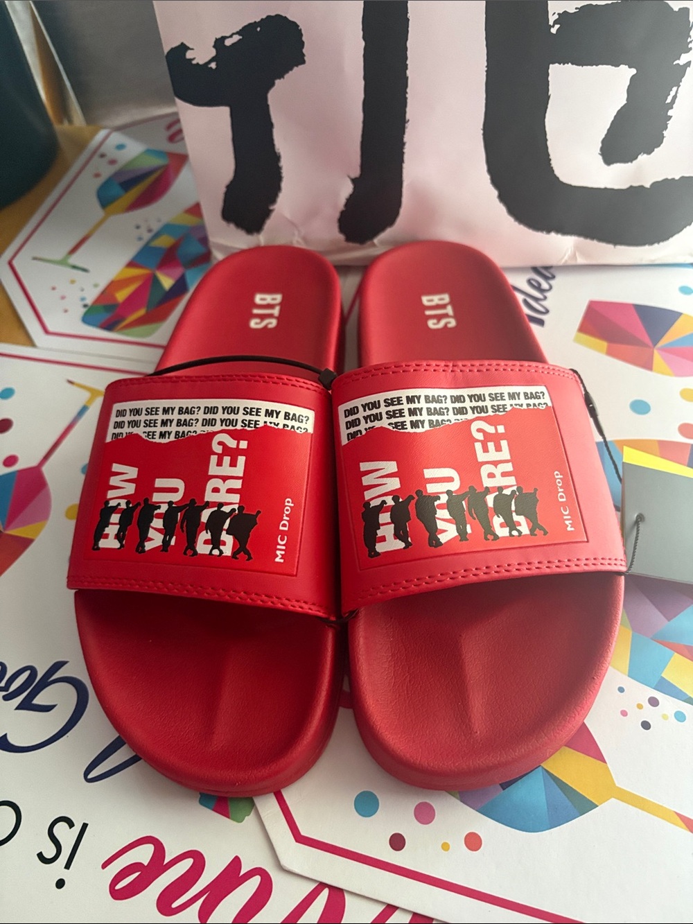 BTS Red Graphic Slide Sandals - Picture 4 of 10